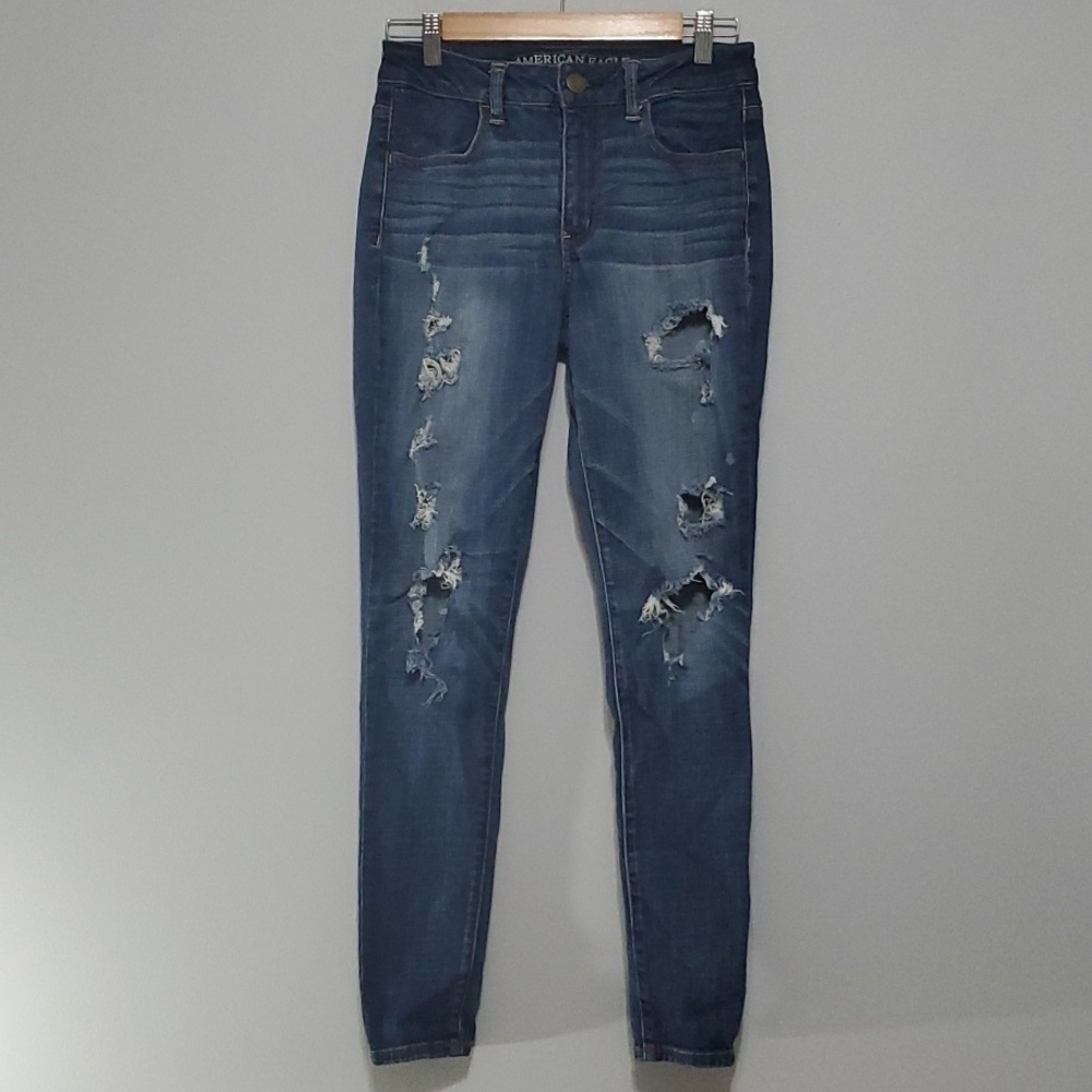 American Eagle jeans womens size 6 blue hi-rise jegging destroyed rips holes
